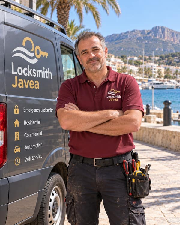 A man in a burgundy polo with a tool belt stands with his arms folded beside a grey lettered van, moored boats and a rocky mountain behind